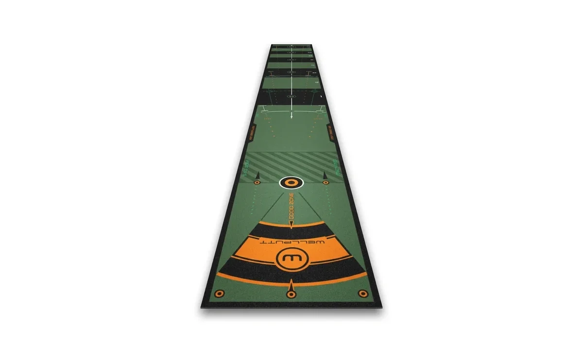 The full Wellputt training mat viewed end-on, showing the branded target end, the printed alignment lines and the distance-control zones